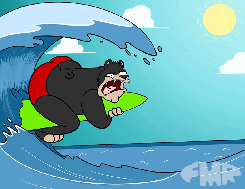 anthro black_body black_fur black_nose blue_sky blue_water butt clothed clothing fur green_surfboard hugging_surfboard male open_mouth outside red_clothing red_speedo red_swimwear scared sharp_teeth sky solo speedo speedo_only surfboard surfing swimwear swimwear_only teeth teeth_showing tongue tongue_out toony topless water wave white_clouds yellow_sun foxmanad dom_(foxmanad) bear mammal