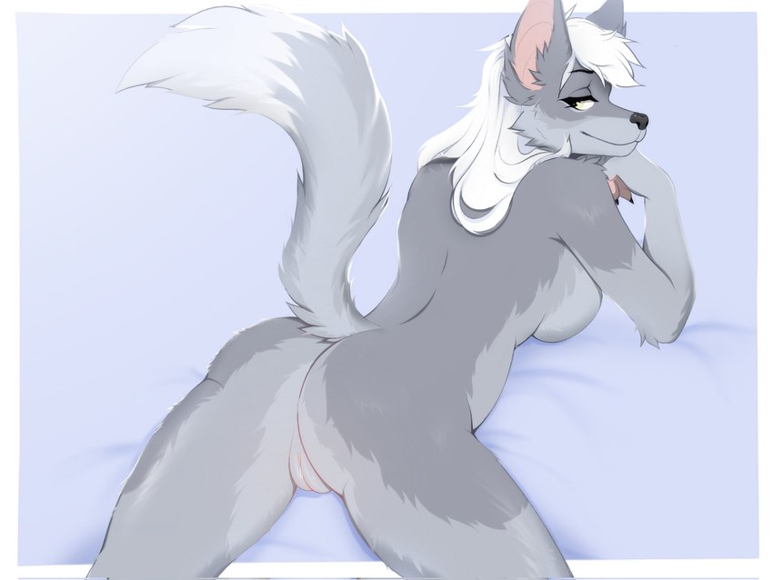 anthro breasts butt female fur genitals grey_body grey_fur hair looking_at_viewer looking_back lying nude on_front pussy raised_tail solo tail white_hair bulochka mokaru canid canine canis mammal wolf 2022 4:3 digital_media_(artwork) hi_res shaded