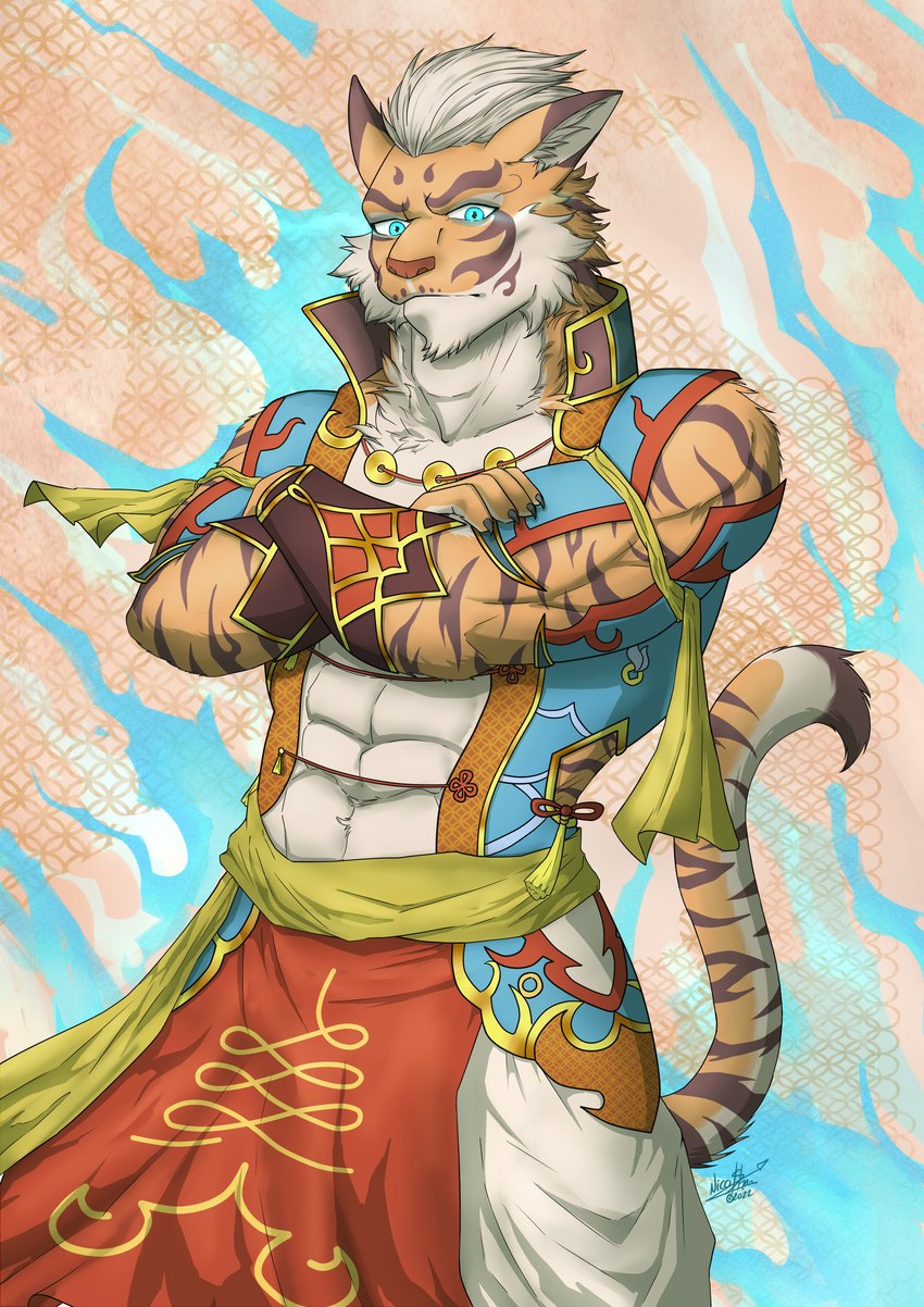 abs anthro armor blue_eyes clothed clothing crossed_arms fire front_view fur hair looking_at_viewer male muscular muscular_anthro muscular_male pecs piercing_eyes pose simple_background solo standing striped_body striped_fur stripes tail pistacho nekojishi studio_klondike lin_hu felid mammal pantherine tiger absurd_res hi_res pinup