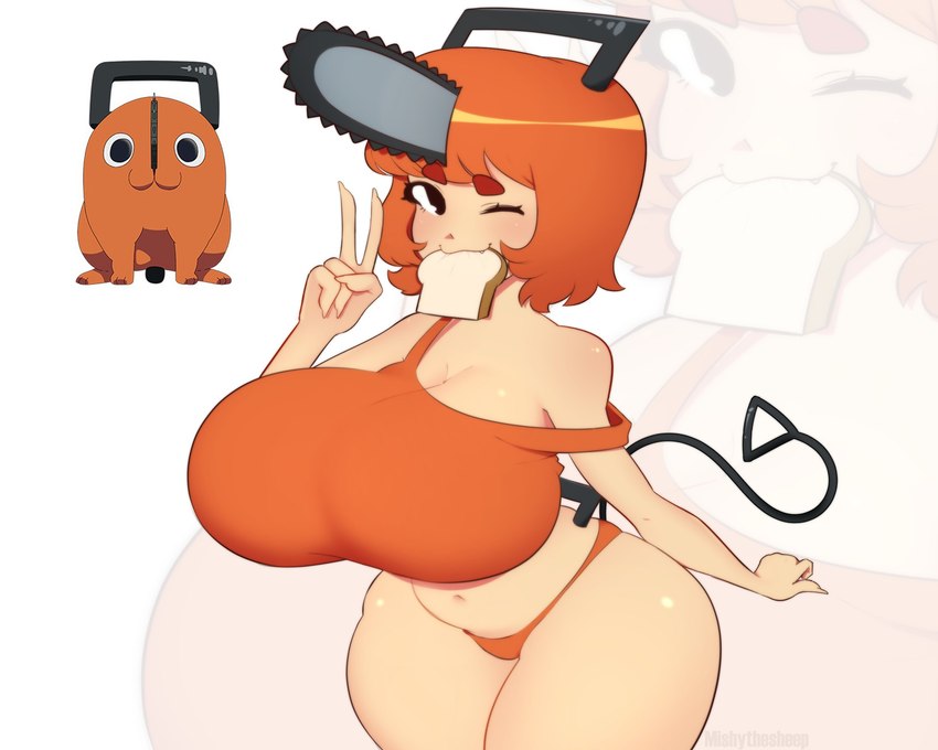 big_breasts biped blowup_background breasts cleavage clothed clothing female hair huge_breasts looking_at_viewer orange_hair panties pupils shirt simple_background solo thick_thighs topwear underwear mishythesheep chainsaw_man pochita_(chainsaw_man) humanoid 5:4 hi_res