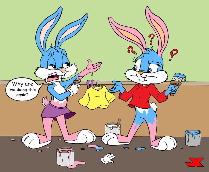 anthro duo female male paint text jk tiny_toon_adventures warner_brothers babs_bunny buster_bunny lagomorph leporid mammal rabbit english_text