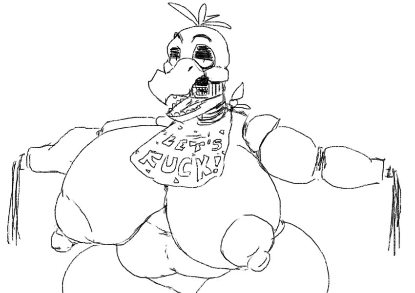 anthro areola beak bib big_breasts black_eyes breasts female front_view head_feathers head_tuft huge_breasts looking_at_viewer machine navel nipples open_beak open_mouth overweight overweight_female simple_background solo text thick_thighs tuft white_background wide_hips wire olozva five_nights_at_freddy's five_nights_at_freddy's_2 scottgames withered_chica_(fnaf) animatronic avian bird chicken galliform gallus_(genus) phasianid robot 2025 digital_media_(artwork) monochrome