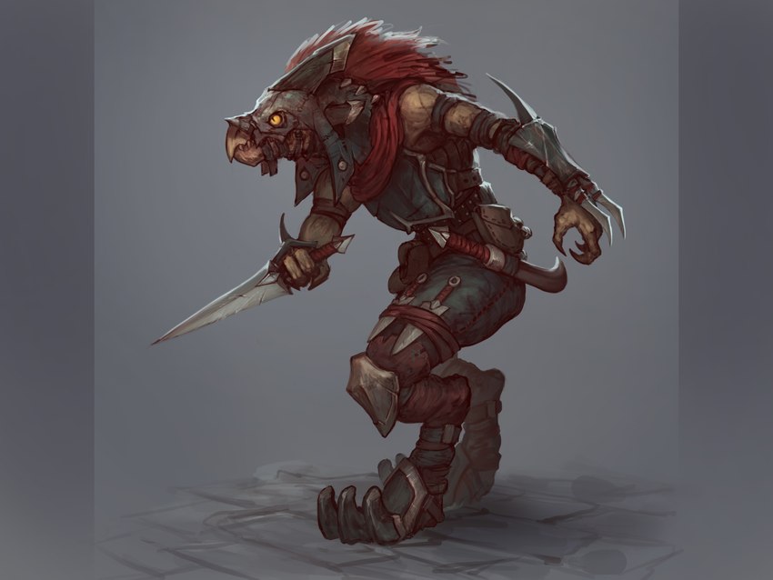 3_fingers 3_toes ambiguous_gender anthro arm_wraps armor beak claws clothed clothing dagger digitigrade feather_hair feathered_crest feathers feet finger_claws fingers head_crest headgear helmet holding_melee_weapon holding_object holding_weapon melee_weapon pseudo_hair pupils red_feather_hair reverse_grip shawl short_sword shortsword simple_background slit_pupils solo toes weapon wraps yellow_eyes koz23 halo_(series) microsoft warhammer_(franchise) warhammer_fantasy xbox_game_studios alien avian kig-yar scalie t'vaoan 4:3 absurd_res colored hi_res shaded