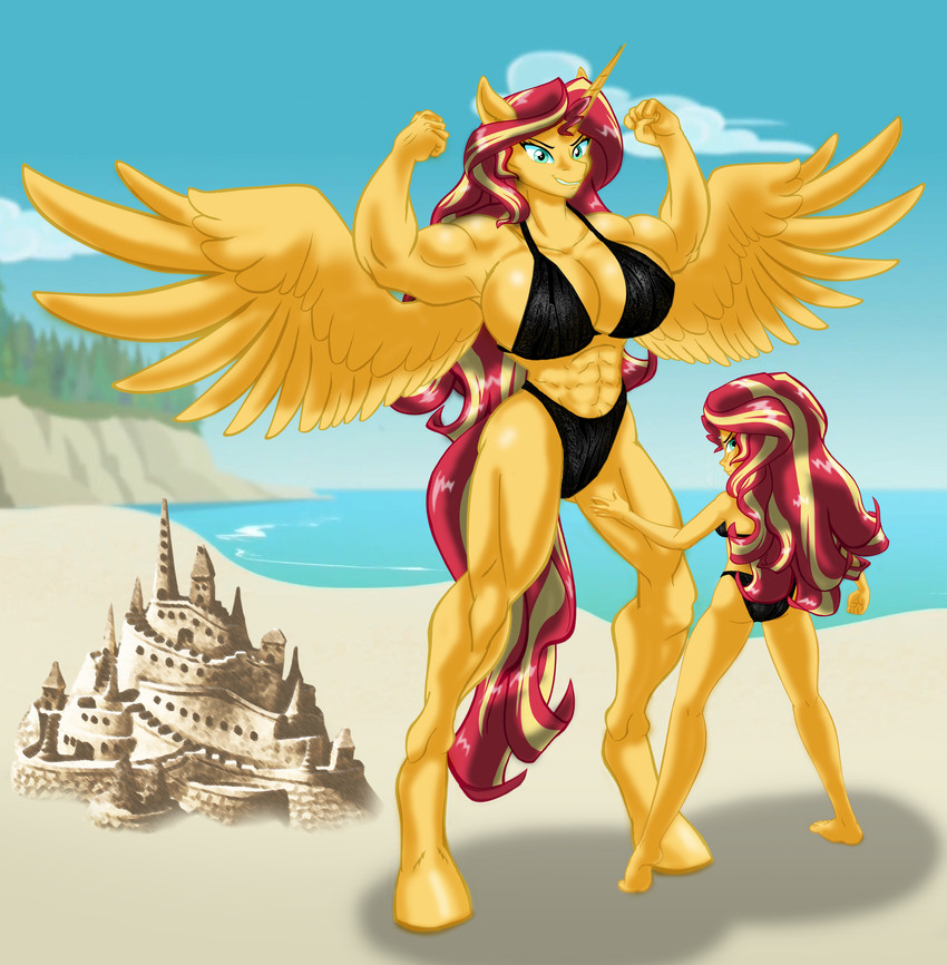 abs anthro beach big_breasts bikini breasts cleavage clothed clothing duo female horn larger_female muscular muscular_female sand_castle sculpture seaside size_difference smaller_female square_crossover swimwear two-piece_swimsuit wings ponymaan equestria_girls hasbro my_little_pony mythology sunset_shimmer_(eg) equid equine human mammal mythological_creature mythological_equine winged_unicorn absurd_res hi_res