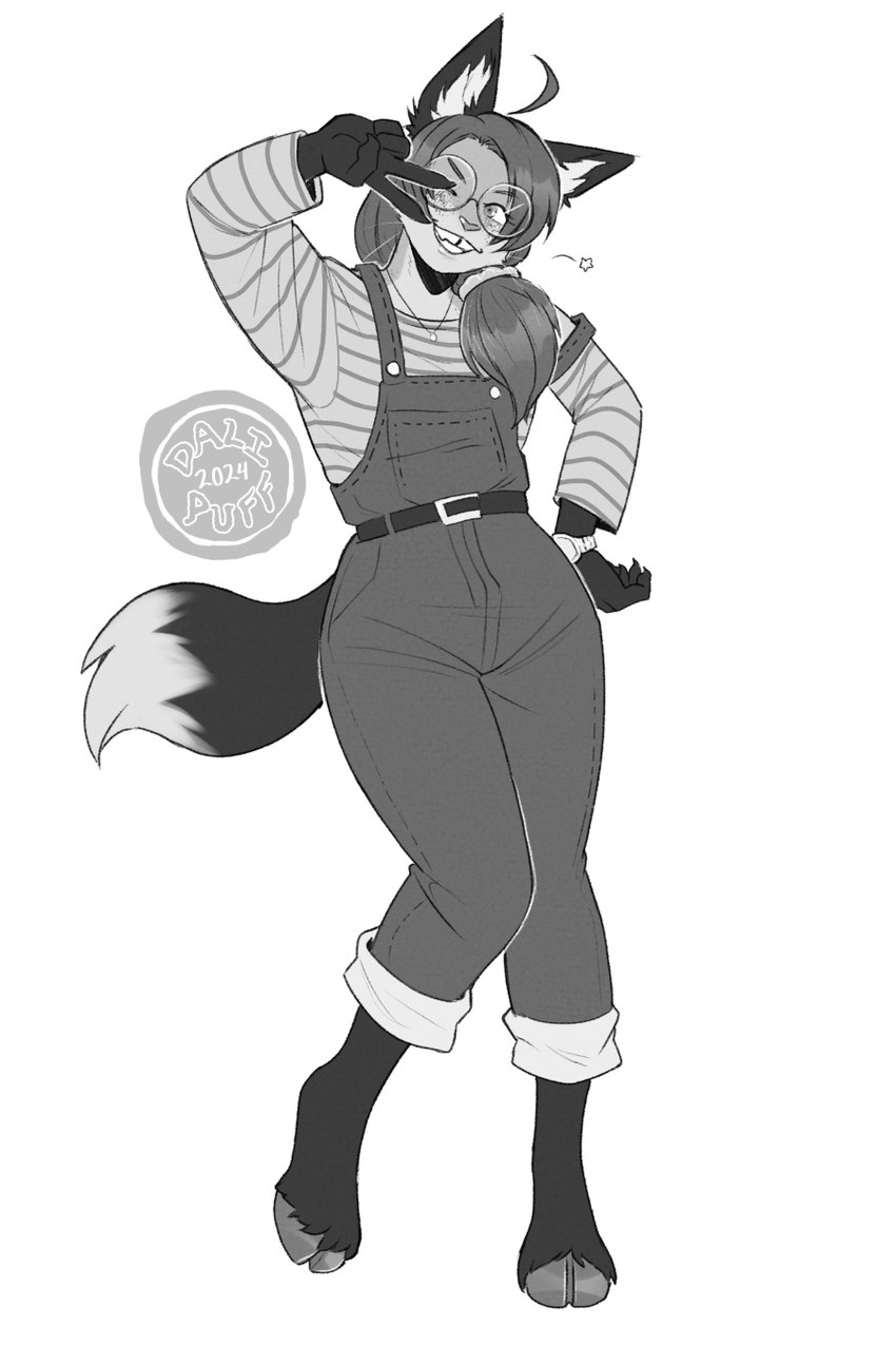 ahoge anthro clothed clothing eyewear female gesture glasses hair hand_gesture long_sleeve_shirt long_sleeves overalls ponytail side_ponytail solo teeth tooth_gap v_sign dalipuff fiora_farren_(silverfox442) canid canine deer faun fox hybrid mammal 2:3 greyscale hi_res monochrome