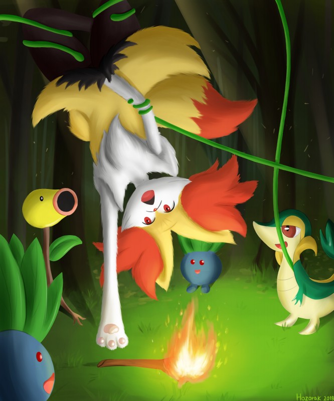 ambiguous_gender anthro fire forest fur group imminent_rape paws plant tentacles tree hozorak nintendo pokemon bellsprout braixen canid canine generation_1_pokemon generation_5_pokemon generation_6_pokemon mammal oddish pokemon_(species) snivy 2018 5:6 absurd_res hi_res