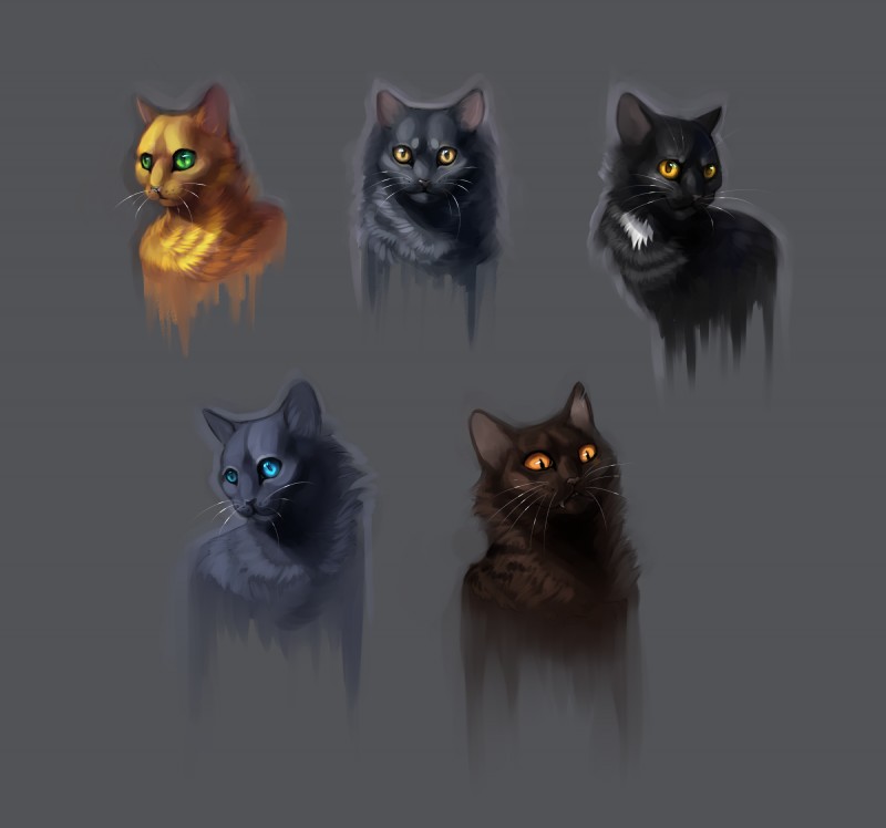 bluestar, firestar, graystripe, ravenpaw, and tigerstar (warriors (book series)) created by happy-cat