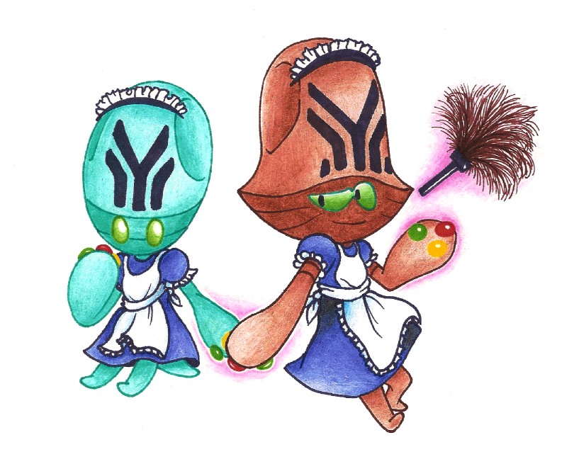 cleaning_tool clothing duo feather_duster female maid_uniform uniform unknown_artist nintendo pokemon beheeyem elgyem generation_5_pokemon humanoid pokemon_(species)