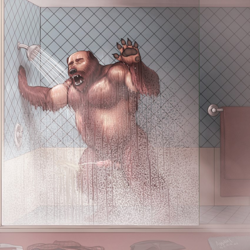 against_surface anthro bald balls bathing bathroom behind_glass belly bodily_fluids claws clothing cum cum_on_wall ejaculation fur fur_growth genital_fluids genitals glass growth hairy hand_on_glass male muscle_growth nude on_glass overweight overweight_male pawpads paws penis sharp_teeth shower showering snout solo species_transformation steam teeth towel towel_rack transformation water awarebear bear humanoid mammal werecreature wereursid 1:1