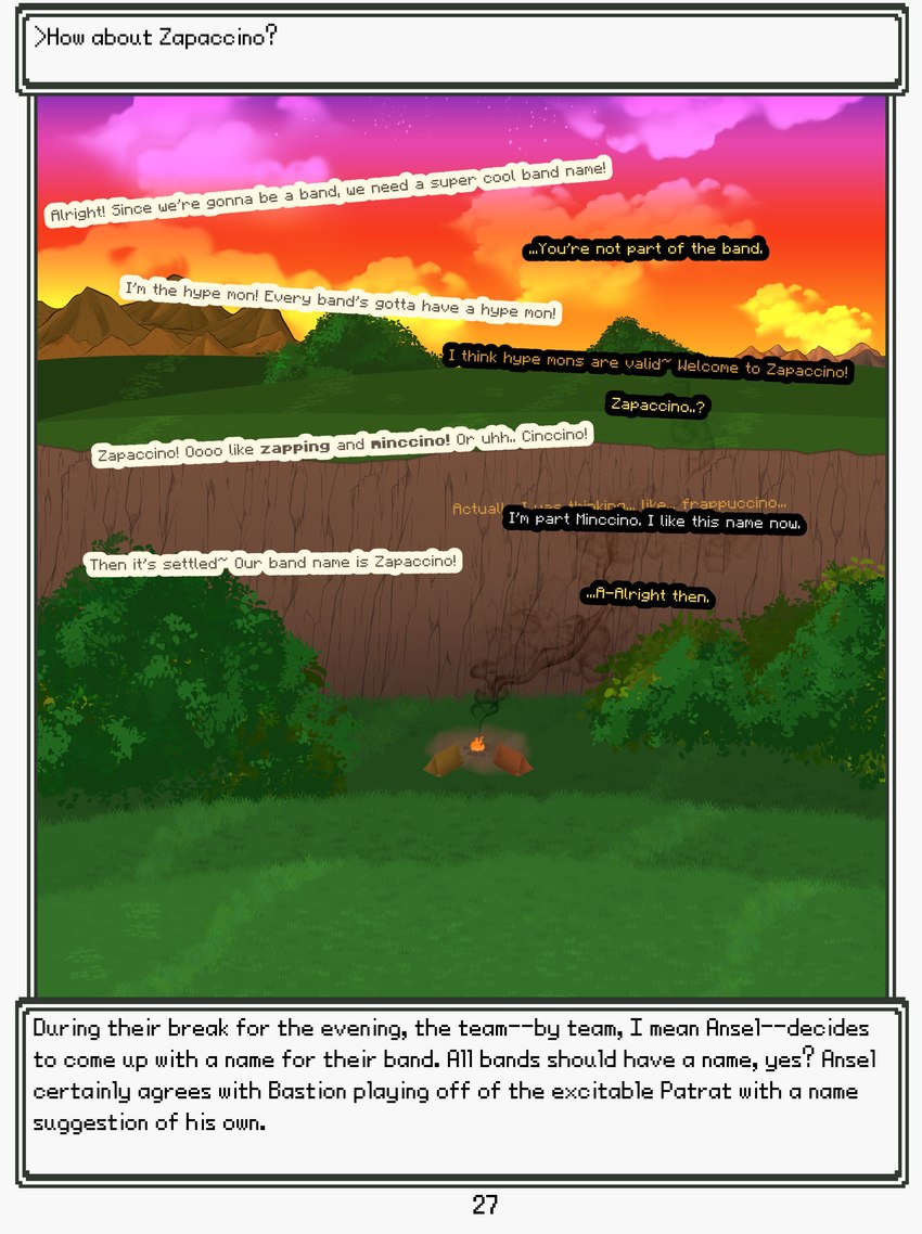 camp campfire cloud dialogue dusk grass mountain narration not_furry plant smoke tent text tree zero_pictured softestpuffss nintendo pokemon pokemon_mystery_dungeon rodent_powered_(softestpuffss) spike_chunsoft absurd_res english_text hi_res