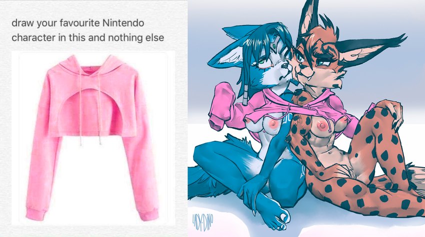 anthro bottomless breasts clothed clothing duo feet female fur hoodie looking_at_another markings nails narrowed_eyes nipples nude pink_clothing pink_sweater pink_topwear sharing_clothing simple_background spots spotted_body spotted_fur sweater sweater_only tail text toenails toes topwear topwear_only twitter_hoodie ladydino meme_clothing nintendo star_fox krystal_(star_fox) miyu_(star_fox) canid canine felid feline fox lynx mammal 2023 english_text hi_res meme