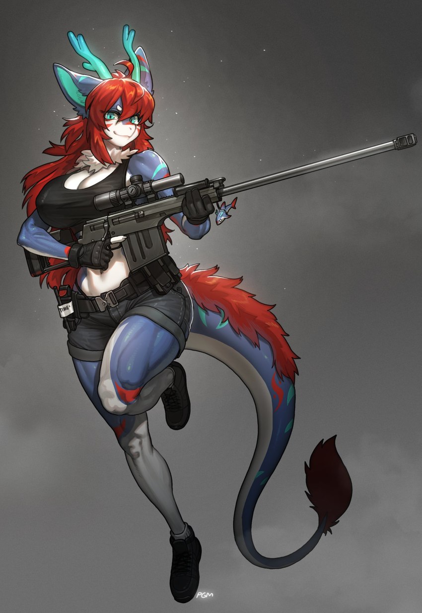 anthro blue_body blue_eyes blue_skin blue_tail bottomwear breasts clothed clothing countershade_torso countershading female footwear front_view gloves gun hair handwear holding_gun holding_object holding_ranged_weapon holding_weapon horn inner_ear_fluff long_hair looking_at_viewer navel ranged_weapon red_hair shoes simple_background solo tail topwear tuft weapon pgm300 mythology dragon mythological_creature mythological_scalie scalie 2024 absurd_res digital_media_(artwork) hi_res