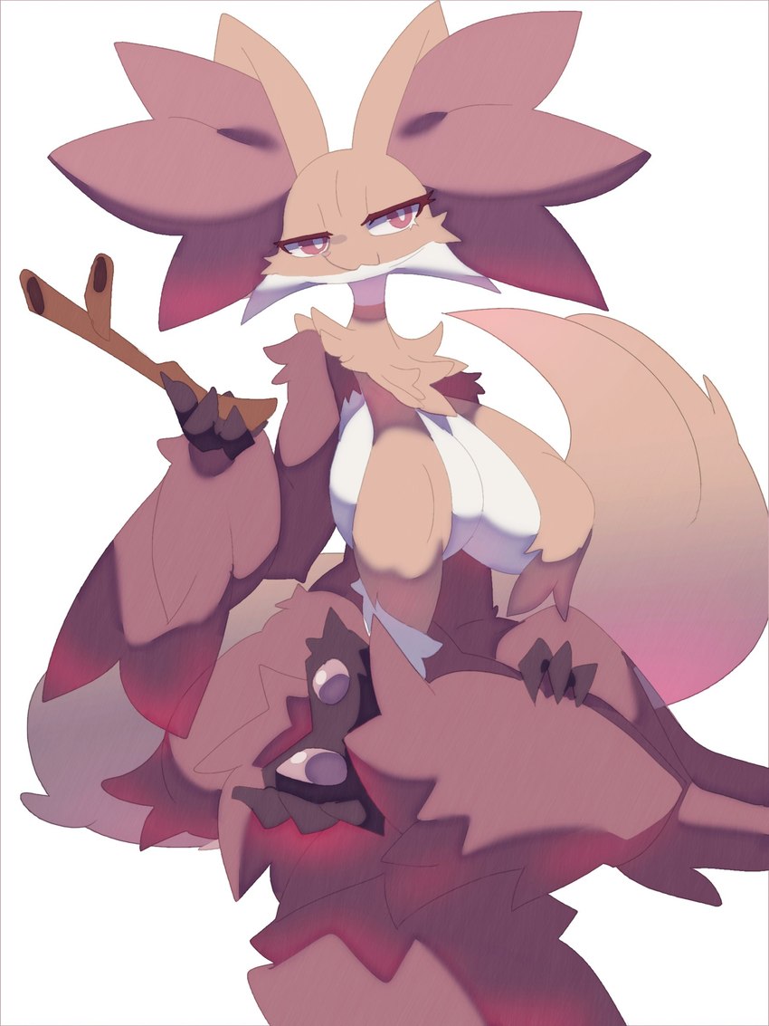 :3 anthro big_breasts breast_curtains breasts crossed_legs female front_view fur half-closed_eyes holding_object huge_breasts inner_ear_fluff narrowed_eyes nipple_outline pokemorph pupils red_body red_eyes red_fur simple_background sitting solo stick thick_thighs tuft white_background white_body white_fur white_pupils wide_hips yellow_body yellow_fur nyaswitchnya nintendo pokemon canid canine delphox fox generation_6_pokemon mammal pokemon_(species) 2024 3:4 absurd_res hi_res