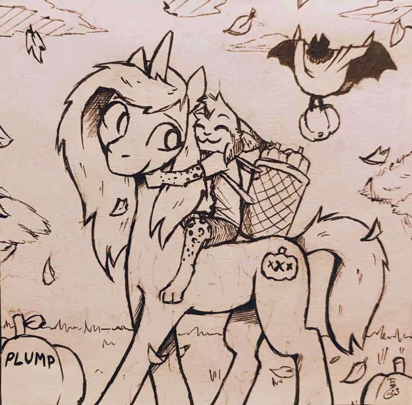 anthro eyes_closed feral food fruit fur group horn leaf markings outside plant pumpkin riding smile spots spotted_body spotted_fur trio theblueberrycarrots hasbro inktober my_little_pony deke_(ittybittykittytittys) marc_(theblueberrycarrots) plumpkin_everclear_(ittybittykittytittys) bat equid equine felid feline horse lynx mammal pony 2023 hi_res signature traditional_media_(artwork)