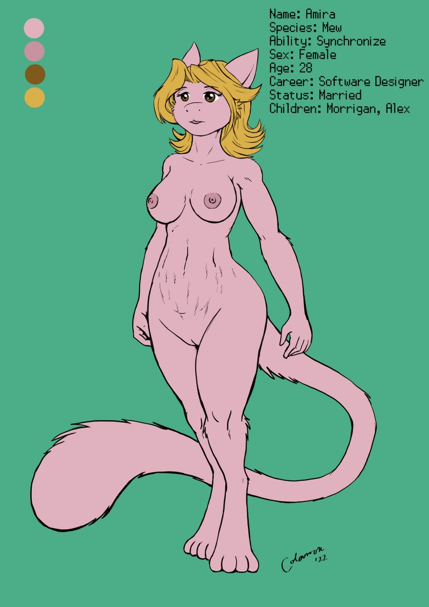 4_toes 5_fingers ability_(pokemon) anthro areola blonde_hair breasts brown_eyes color_swatch feet female fingers front_view fur genitals hair long_tail medium_breasts nipples pink_body pink_fur pokemorph postpartum_stomach pussy snout solo standing stated_adult stated_age stretch_marks tail text toes wide_snout s-nina third-party_edit nintendo pokemon amira_(swordfox) felid generation_1_pokemon legendary_pokemon mammal mew_(pokemon) pokemon_(species) 2022 color_edit colored english_text flat_colors hi_res model_sheet signature