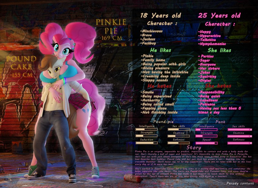 age_difference aged_up alternate_hairstyle anthro anthrofied big_breasts blue_eyes bottomwear breasts brown_hair brown_tail clothed clothing cutie_mark denim denim_bottomwear denim_clothing duo ear_piercing female footwear hair head_between_breasts jeans looking_at_viewer male navel nipples open_clothing open_shirt open_topwear pants piercing pink_body pink_hair pink_tail profanity shirt shoes size_difference skirt smaller_male tail tan_body text thick_thighs topwear yellow_eyes young young_male younger_male hooves-art friendship_is_magic hasbro my_little_pony pinkie_pie_(mlp) pound_cake_(mlp) earth_pony equid equine horse mammal pony 3d_(artwork) absurd_res blender_(artwork) digital_media_(artwork) english_text hi_res model_sheet