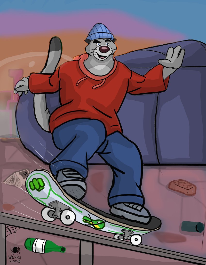 4_fingers anthro biped bottomwear clothing detailed_background fingers grey_body hat headgear headwear hoodie humanoid_hands outside pants skateboard skateboarding solo topwear vehicle wesku4 brok_the_investigator cowcat_games graff_filsh domestic_cat felid feline felis mammal 2023 absurd_res hi_res