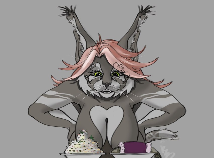 anthro breasts dots eyelashes fangs feline_ears female food green_eyes grey_body hair hands_on_hips herring_under_a_fur_coat hiding_breasts hiding_nipple inner_ear_fluff lines_on_body meal pink_hair puffed_cheeks salad short_tail smile solo tail taorri tassels teeth tuft whiskers kzo_arts bobcat felid feline felis fish lynx mammal marine