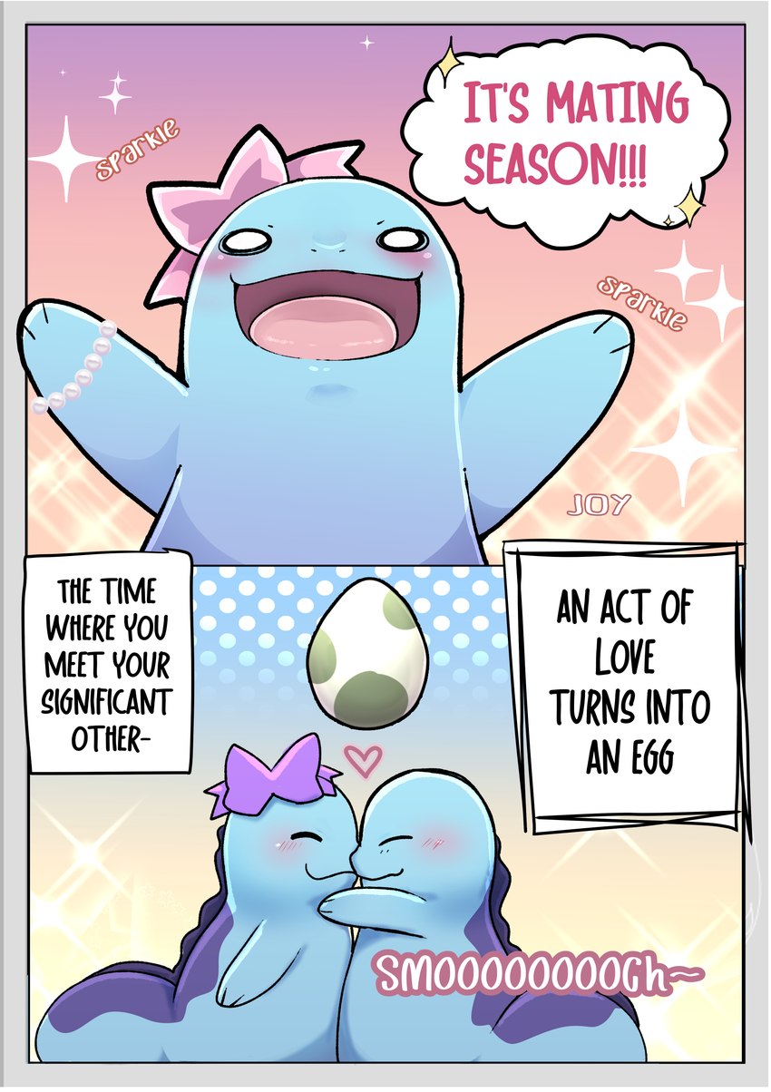 bow_ribbon dialogue dialogue_box dots duo egg female feral gradient_background heart_symbol interspecies kissing love male male/female onomatopoeia pokemon_egg simple_background sound_effects sparkles speech_bubble text wet loreking nintendo pokemon jade_(loreking) generation_2_pokemon pokemon_(species) quagsire absurd_res comic english_text hi_res