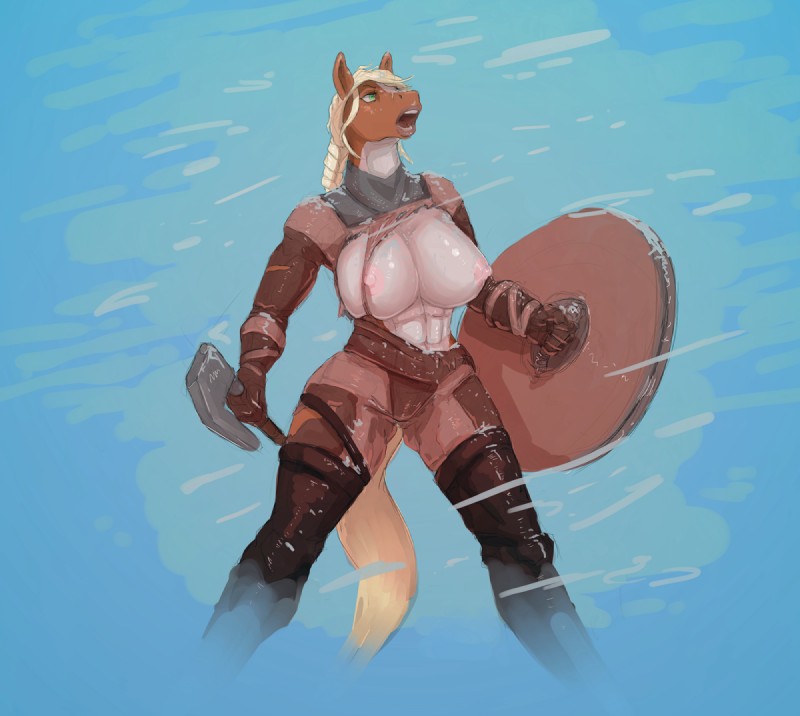 abs anthro areola axe battle_axe big_breasts biped blonde_hair blue_background braided_hair breast_squish breasts brown_body brown_fur clothing female fur gloves green_eyes hair handwear huge_breasts leather long_hair melee_weapon nipples open_mouth pink_nipples round_shield shield simple_background snow solo spread_legs spreading squish teeth tongue torn_clothing weapon wood wood_shield yellow_body yellow_fur keeltheequine equid equine horse mammal 2017