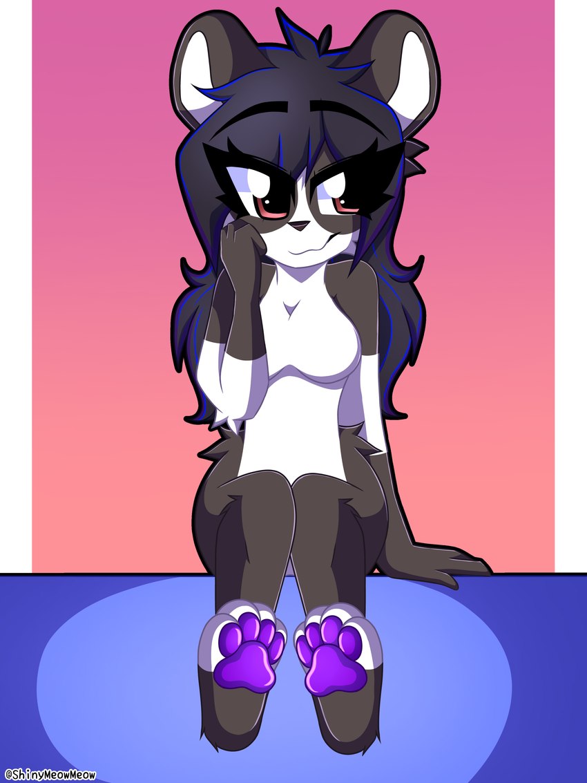 4_toes anthro barefoot blue_hair breasts brown_eyes chibi feet female fur hair hindpaw looking_at_another multicolored_body multicolored_fur pawpads paws presenting purple_hair purple_pawpads sitting smile solo toes two_tone_body two_tone_fur shinymeowmeow peach_panda bear giant_panda mammal 3:4 absurd_res hi_res