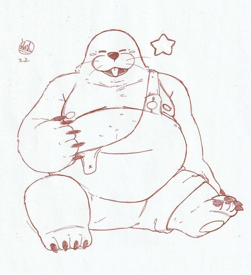 anthro belly clothing eyes_closed male moobs nipples overalls overweight overweight_male simple_background sitting solo lexor_komuga mario_bros nintendo eulipotyphlan mammal mole_(animal) monty_mole 2022 sketch