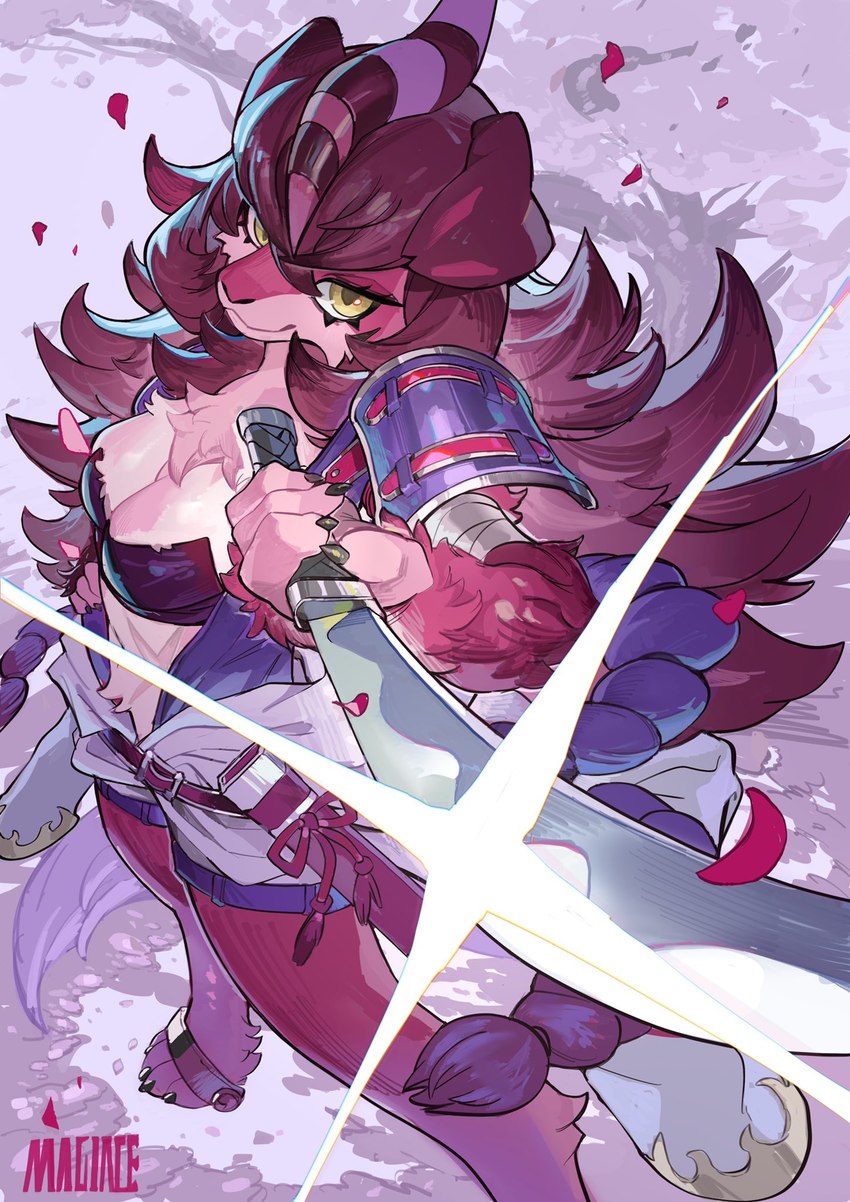 action_pose anthro asian_clothing bottomwear breasts cherry_blossom cherry_blossom_tree cherry_tree claws clothing countershading crop_top east_asian_clothing female flower fruit_tree fur glistening hair hand_on_hip high-angle_view holding_katana holding_melee_weapon holding_object holding_sword holding_weapon horn japanese_clothing katana looking_at_viewer melee_weapon pants paws plant pose prunus_(flower) red_body red_fur red_hair shirt shoulder_pads simple_background smile solo standing sword sword_sheath text topwear tree weapon magiace yu-gi-oh! donner_dagger_fur_hire fur_hire canid canine canis domestic_dog duel_monster mammal english_text hi_res