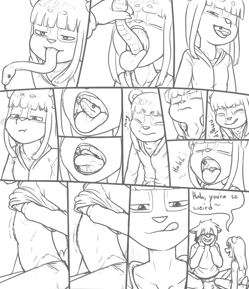 anthro anthro_pred blush clothed clothing clothing_lift dialogue duo female female_pred feral feral_prey licking licking_lips male neck_bulge open_mouth oral_vore shirt shirt_lift swallowing text tongue tongue_out topwear vore that_kei_guy kei_(that_kei_guy) mochi_(wafflesbear) animal_humanoid bear giant_panda humanoid mammal reptile scalie snake comic digital_media_(artwork) english_text monochrome sequence