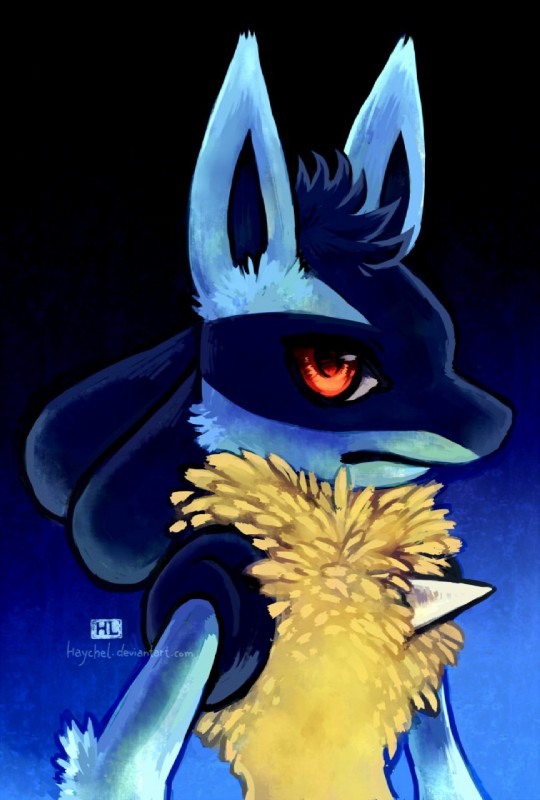 anthro black_background black_body black_fur blue_background blue_body blue_fur frown fur gradient_background looking_at_viewer male nude red_eyes simple_background solo yellow_body yellow_fur haychel nintendo pokemon canid canine generation_4_pokemon lucario mammal pokemon_(species) digital_media_(artwork) half-length_portrait hi_res portrait