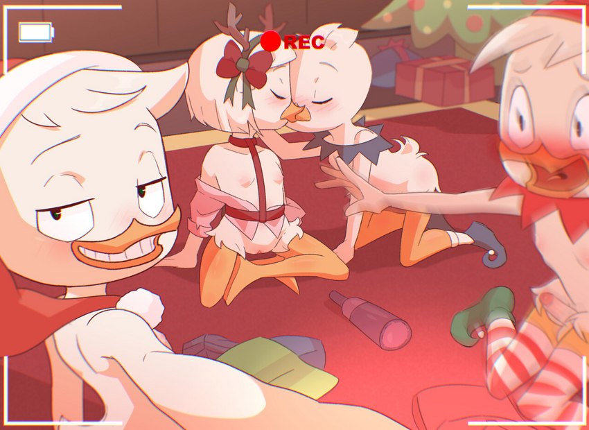 anthro blush camera_view christmas_tree clothed clothing eyes_closed female flat_chested french_kissing genitals group holidays inside kissing looking_at_viewer male partially_clothed penis plant pussy recording small_penis spin_the_bottle tree young young_anthro threek christmas disney ducktales ducktales_(2017) dewey_duck huey_duck louie_duck webby_vanderquack anatid anseriform avian bird duck brother_(lore) brothers_(lore) cousins_(lore) incest_(lore) sibling_(lore) triplets_(lore)