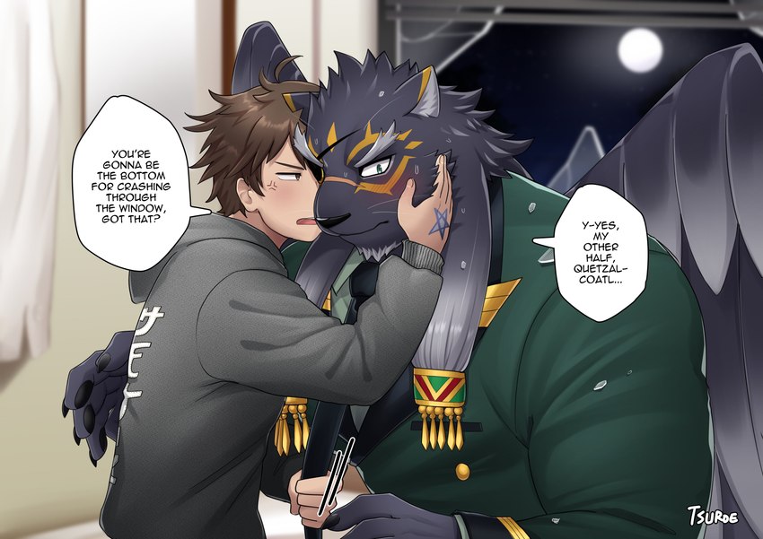 anthro black_body black_fur blush bodily_fluids brown_hair clothing cross-popping_vein duo embarrassed fur hair humor kissing male male/male military_uniform moon necktie_grab night pulling_hair sweat text touching_hair uniform chuurow lifewonders tokyo_afterschool_summoners protagonist_(tas) tezcatlipoca_(tas) twink_protagonist_(tas) felid human mammal pantherine absurd_res english_text hi_res