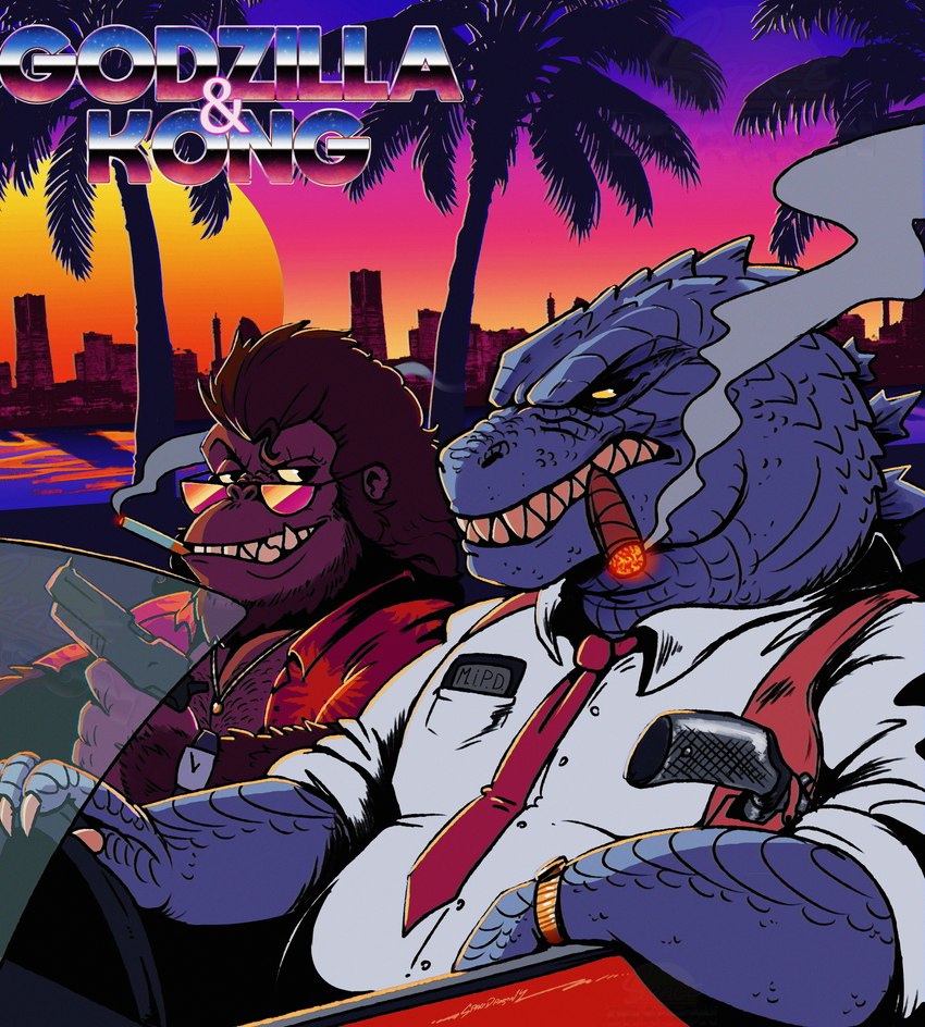 80's_theme aloha_shirt anthro blue_body brown_body brown_fur car cigar cigar_in_mouth cigarette cigarette_in_mouth city city_background claws clock clothed clothing dress_shirt driving duo eyewear formal_clothing fur gun jewelry looking_at_viewer male motor_vehicle necklace necktie object_in_mouth open_clothing open_shirt open_topwear palm_tree pattern_clothing pattern_shirt pattern_topwear plant police ranged_weapon shirt smile smiling_at_viewer sunglasses sunset text topwear tree vehicle watch weapon wristwatch yellow_sclera spacedragon14 godzilla_(series) godzilla_vs._kong king_kong_(series) toho godzilla king_kong ape haplorhine kaiju mammal primate absurd_res hi_res