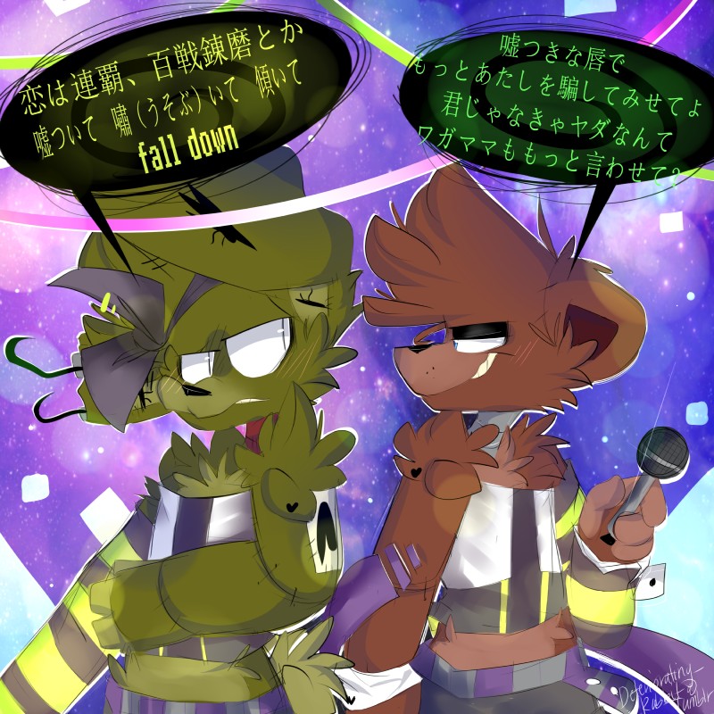 anthro duo machine male text weeaboo caramelcraze five_nights_at_freddy's five_nights_at_freddy's_3 luvoratorrrrry!_(song) scottgames vocaloid foxy_(fnaf) kagamine_rin megpoid_gumi springtrap_(fnaf) animatronic canid canine fox lagomorph leporid mammal rabbit robot 1:1 2016 absurd_res digital_media_(artwork) hi_res japanese_text translated