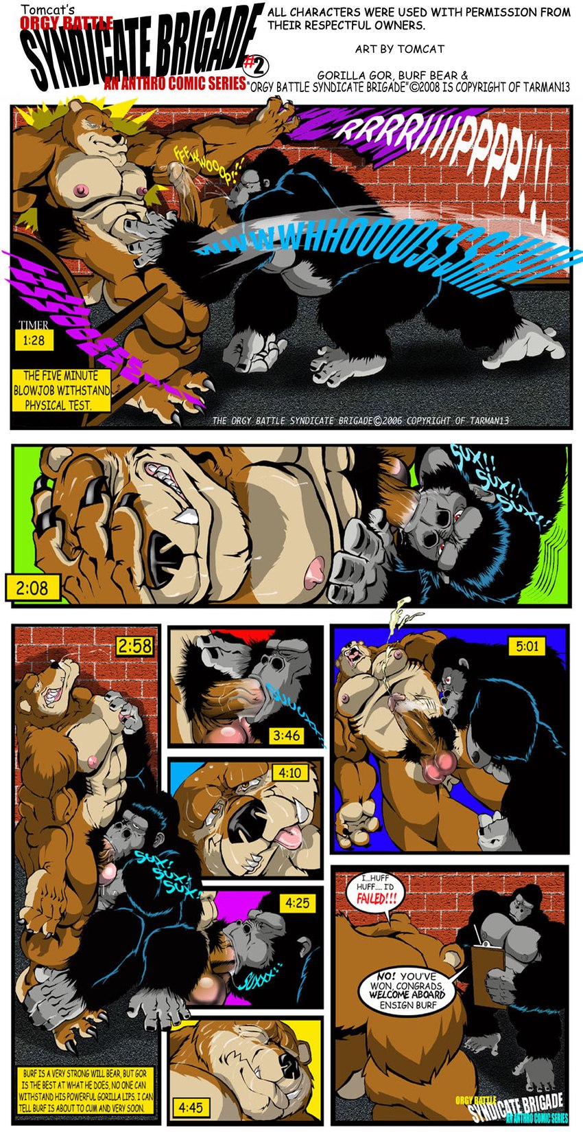 anthro balls bodily_fluids cum cumshot dialogue duo ejaculation fellatio genital_fluids genitals male male/male muscular muscular_anthro muscular_male nipples oral penile penis pubes sex speech_bubble text tomcat_(artist) burf_bear gor_(tomcat) ape bear brown_bear gorilla grizzly_bear haplorhine mammal primate ursine 2006 absurd_res comic english_text hi_res