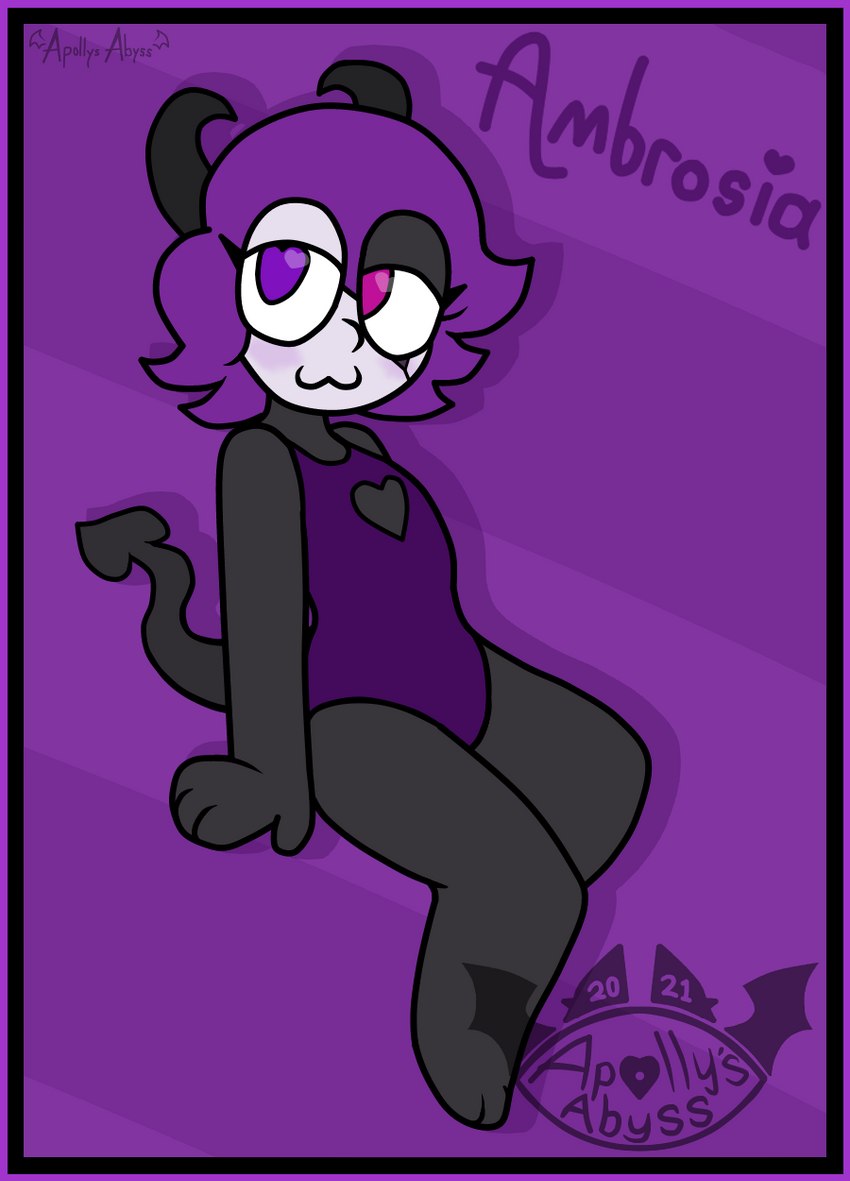 anthro biped black_body black_eyeshadow black_horn border breasts clothing eyelashes eyeshadow female grey_body hair heterochromia horn looking_at_viewer makeup paws pink_eyes purple_border purple_clothing purple_eyes purple_hair smile smug solo spade_tail tail white_eyeshadow apollysabyss ambrosia_(apollysabyss) demon 2021 character_name hi_res signature trans_(lore) trans_woman_(lore)