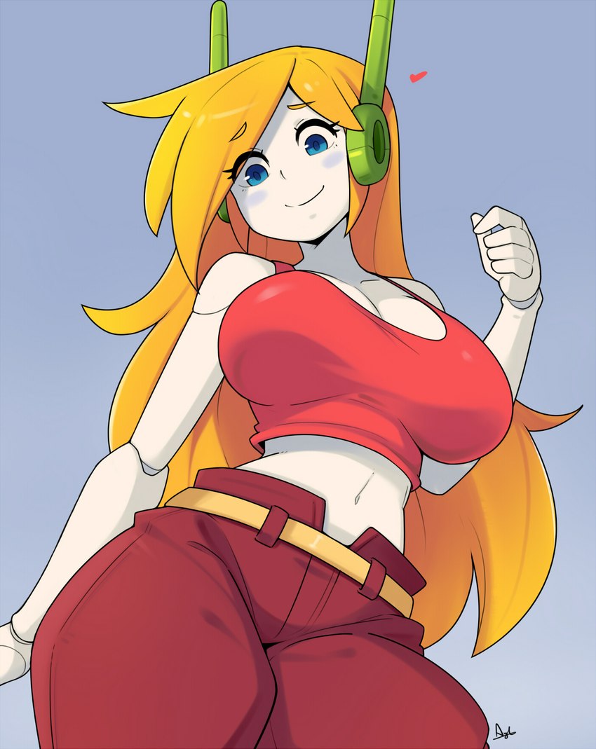 5_fingers anthro big_breasts blonde_hair blue_eyes bottomwear breasts clothed clothing electronics female fingers hair headphones heart_symbol huge_breasts machine pants red_clothing simple_background smile solo thick_thighs topwear white_body ayb cave_story curly_brace humanoid robot robot_humanoid 2024 hi_res