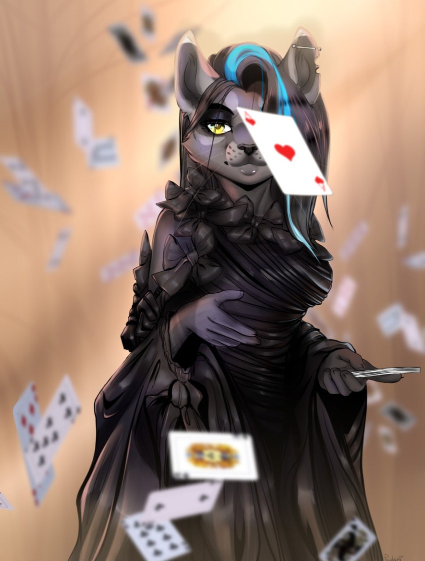 5_fingers anthro black_clothing black_dress black_hair black_nose blue_hair blurred_background bow_(feature) card clothing depth_of_field dress ear_piercing eyelashes female fingers fur grey_body grey_fur hair holding_card industrial_piercing light long_hair multicolored_hair notched_ear piercing playing_card solo standing throwing_cards two_tone_hair whiskers yellow_eyes bambolbi felid mammal 2020 digital_media_(artwork) hi_res lighting portrait shaded three-quarter_portrait