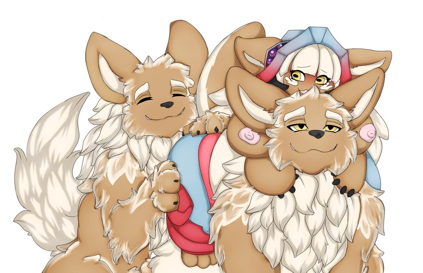 blush brown_body brown_fur clothing feral fluffy fluffy_tail fur group hair mane neck_tuft smile tail trio tuft white_body white_fur white_hair wide_hips yellow_eyes neo_geppetto made_in_abyss nanachi canid canine canis lagomorph leporid mammal narehate rabbit absurd_res digital_media_(artwork) hi_res