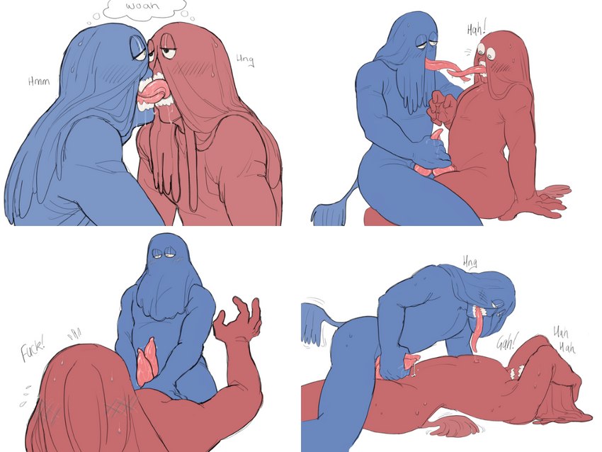 alternate_form blue_body blue_hair bodily_fluids dreadlocks duo french_kissing frottage genitals hair handjob_frottage kissing lipless lying male male/male on_back penile penis red_body red_hair sex sweat tail tail_tuft tapering_penis tapering_tongue teeth tongue tongue_out tuft werdopon don't_hug_me_i'm_scared blue_guy_(dhmis) red_guy_(dhmis) humanoid tailed_humanoid 4:3