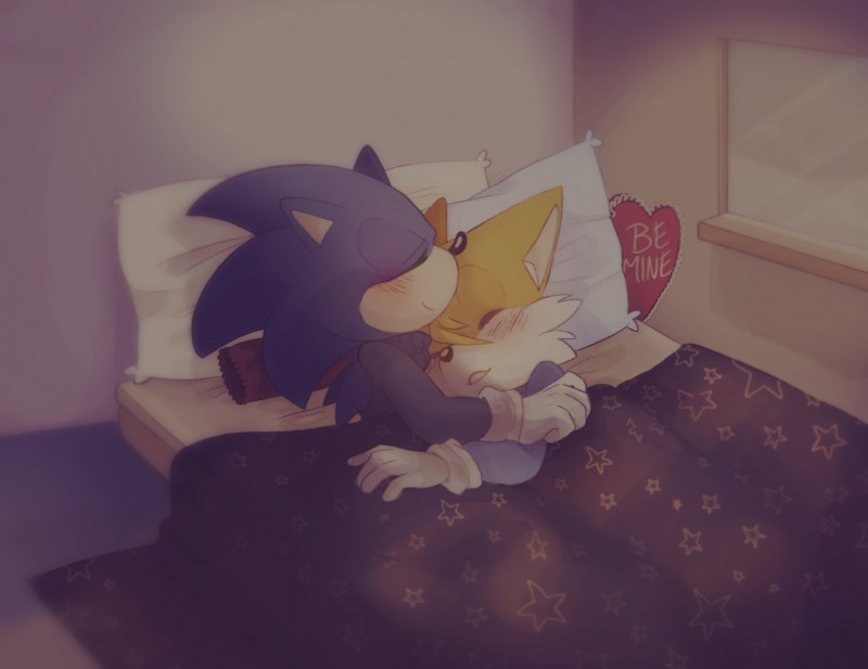 anthro bed clothing duo furniture gloves handwear male sleeping text katidoj sega sonic_the_hedgehog_(series) miles_prower sonic_the_hedgehog canid canine eulipotyphlan fox hedgehog mammal english_text hi_res