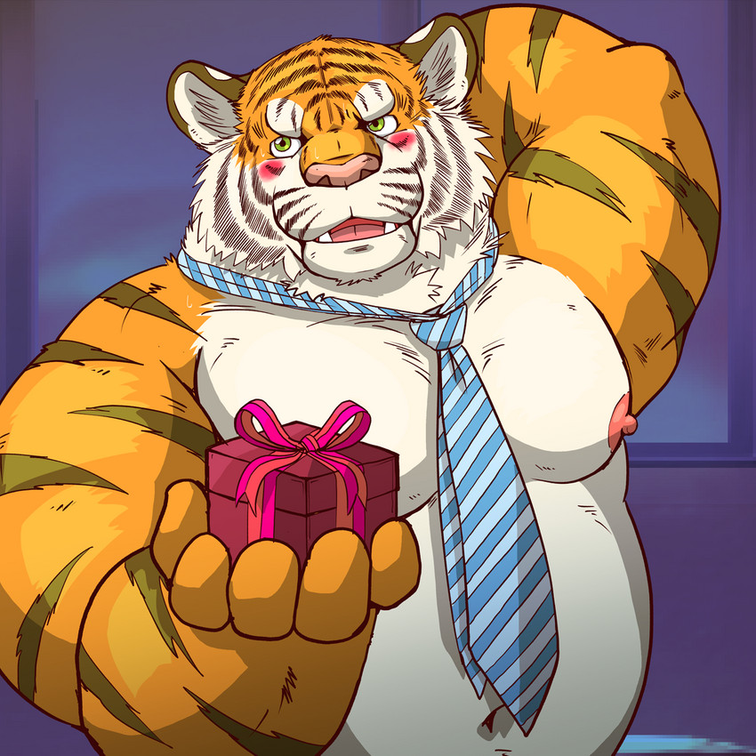 anthro belly blush humanoid_hands kemono male moobs navel necktie nipples overweight overweight_anthro overweight_male pink_nose solo raichoclub felid mammal pantherine tiger 1:1 2019