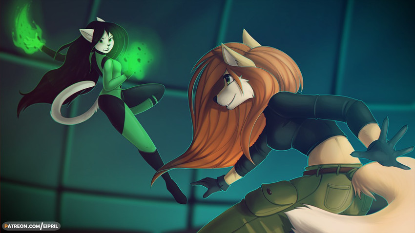 action_pose alternate_species angry anthro black_clothing black_gloves black_hair black_handwear black_nose bottomwear brown_hair clothing duo female furrification gloves glowing_hands hair handwear long_hair pants pose smile text tight_clothing eipril disney kim_possible kimberly_ann_possible shego canid canine domestic_cat felid feline felis fox mammal 16:9 2018 url widescreen