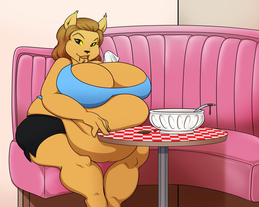 anthro belly belly_overhang big_belly big_breasts breasts clothing female huge_breasts obese obese_anthro obese_female overweight overweight_anthro overweight_female solo weight_gain wide_hips riddleaugust star_trek star_trek_the_animated_series m'ress caitian felid mammal 5:4