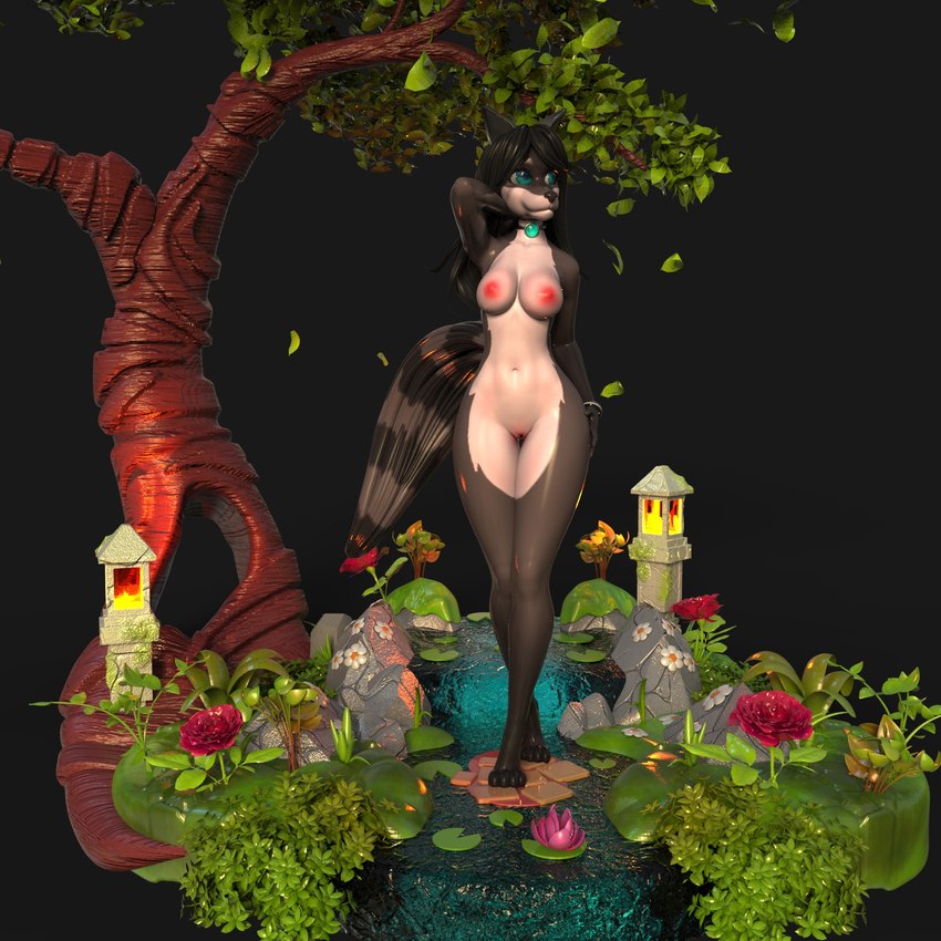 anthro black_hair black_nose blue_eyes breasts choker female garden hair jewelry necklace night nude outside plant solo tree caravanvinci sila_dione mammal procyonid raccoon 1:1 3d_(artwork) digital_media_(artwork) hi_res