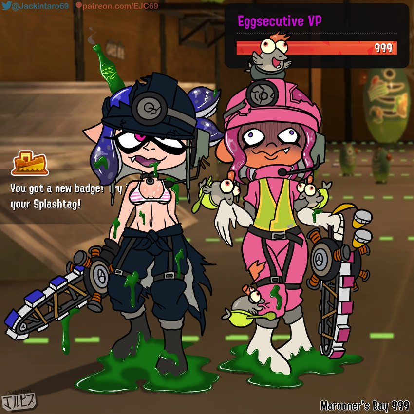 armor bikini bikini_top blue_hair breasts clothed clothing duo fangs female grey_body hair headgear helmet not_furry open_mouth pink_eyes pink_hair pseudo_hair purple_eyes red_eyes red_hair smile swimwear teeth tentacle_hair tentacles text two-piece_swimsuit yellow_sclera jackintaro nintendo splatoon inkling_girl octoling_girl animal_humanoid cephalopod cephalopod_humanoid coleoid fish humanoid inkling marine marine_humanoid mollusk mollusk_humanoid octarian octoling salmonid_(splatoon) salmonoid_(splatoon) smallfry_(splatoon) 1:1 absurd_res digital_media_(artwork) hi_res sketch