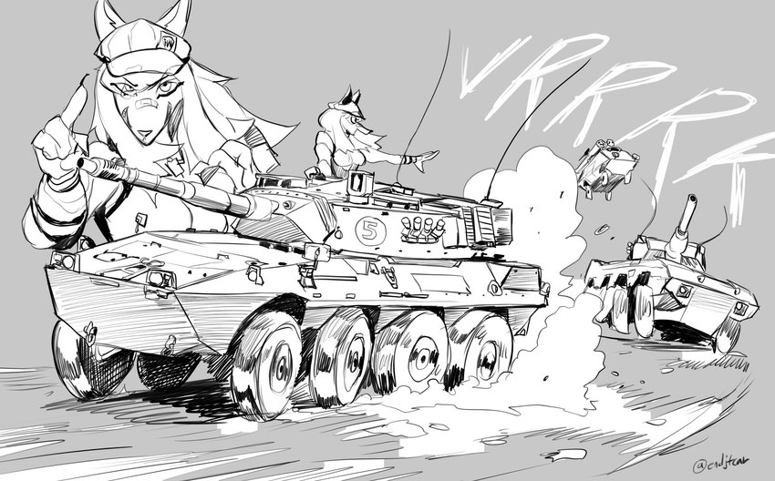 4_fingers anthro bandage bandage_on_face bandage_on_nose biped centauro_(tank) clothed clothing female fingers flat_cap fully_clothed hair hat headgear headwear racing solo sound_effects tank_(vehicle) vehicle endjfcar ariette_giocometti_(hideki_kaneda) canid canine canis domestic_dog mammal 2021 greyscale hi_res monochrome sketch