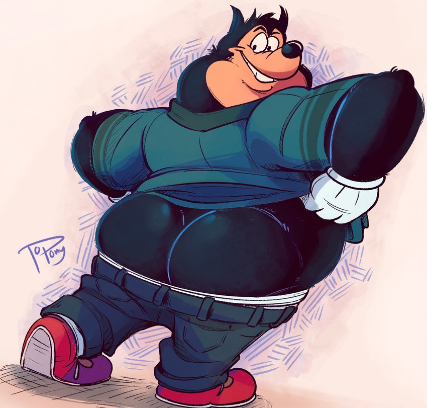 anthro big_butt black_body black_fur bottomwear bottomwear_down butt clothed clothing fur grin looking_at_viewer looking_back male overweight overweight_male pants pants_down partially_clothed smile solo topony disney goof_troop pj_(goof_troop) domestic_cat felid feline felis mammal hi_res