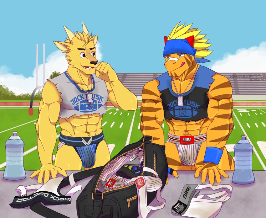 anthro bleachers bodily_fluids bottle clothing container crop_top dirty_underwear dog_tags duffel_bag duo fangs football_field fur goalpost horn jockstrap male male/male midriff orange_body orange_scales scales shirt sweat teeth text text_on_clothing text_on_topwear topwear underwear water_bottle whistle_(object) yellow_body yellow_fur mindmechanica mythology dj_strap steyr cervine deer dragon mammal muntjac mythological_creature mythological_scalie scalie english_text hi_res