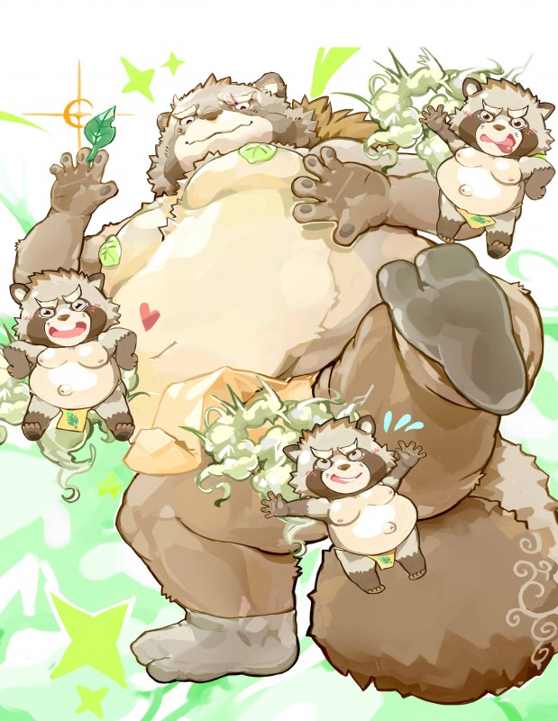 anthro asian_clothing belly blush brown_body brown_fur clothing east_asian_clothing eye_scar facial_scar fundoshi fur group heart_symbol humanoid_hands japanese_clothing leaf male moobs navel nipples overweight overweight_male scar simple_background tongue tongue_out underwear young pikaqoo lifewonders tokyo_afterschool_summoners gyobu's_underlings gyobu_(tas) canid canine mammal raccoon_dog tanuki 2018 absurd_res hi_res