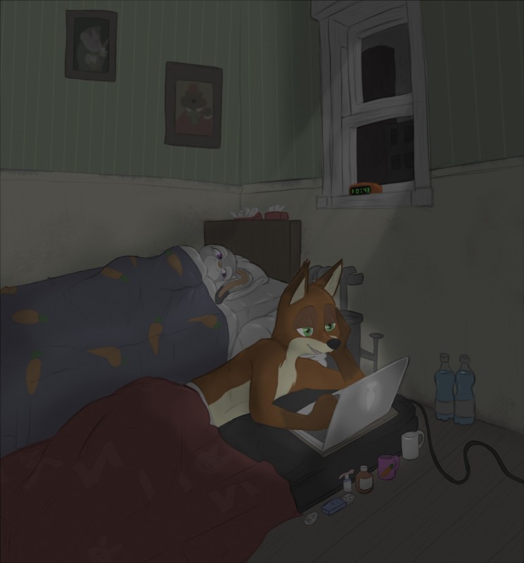 alarm_clock anthro bed bedding bedroom blanket bottle clock clothed clothing coffee_mug computer container detailed_background dipstick_ears duo ear_markings electronics female fur furniture green_eyes grey_body grey_fur inside laptop light lying male multicolored_ears on_bed on_side orange_body orange_fur purple_eyes tissue topless under_covers water_bottle window anothercolouranon ciwi disney zootopia judy_hopps nick_wilde canid canine fox lagomorph leporid mammal rabbit red_fox true_fox colored hi_res